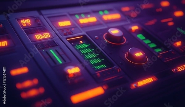 Fototapeta Close-up of a futuristic control panel with illuminated buttons, knobs, and digital displays showing audio levels and other data.