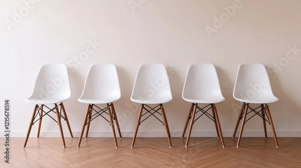 Fototapeta A row of empty chairs in a meeting room with a presentation board ready for advice-sharing.