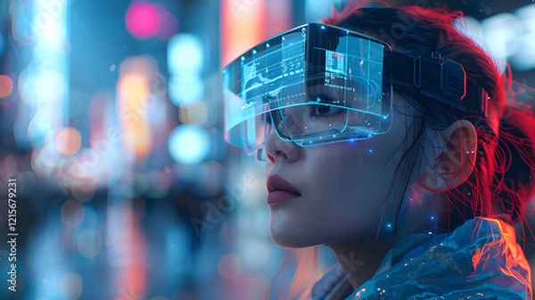 Fototapeta Futuristic Cyber Trading Woman Analyzing Digital Stock Market Trends with Holographic Data and AI-Powered Financial Analytics in a High-Tech Environment