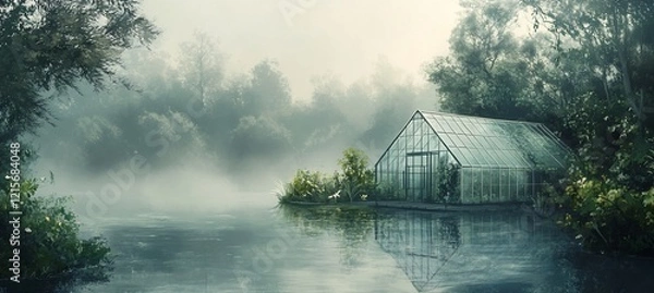 Fototapeta Misty morning scene with a glass greenhouse on a tranquil lake surrounded by lush greenery and fog.