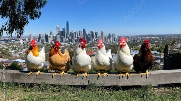 Obraz Group of colorful chickens perched on a fence with a city skyline in the background