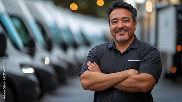 Fototapeta Confident Hispanic Business Owner in Front of His Fleet of Delivery Vans