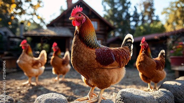 Obraz Magnificent Hens in Rustic Farm Setting