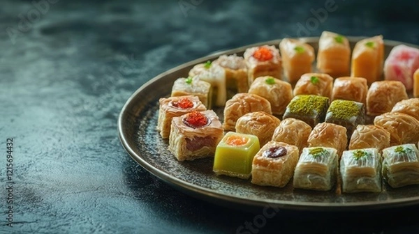 Fototapeta Assorted Middle Eastern pastries on a dark textured plate with copy space for text.