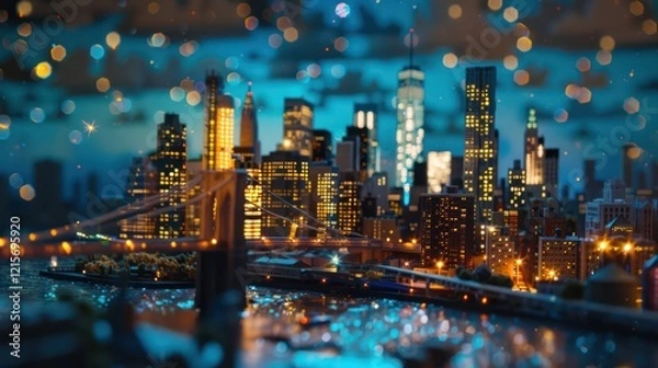 Obraz New York City skyline with glowing skyscrapers, Times Square neon lights in the distance, a starry sky, and the Brooklyn Bridge silhouette in the foreground.