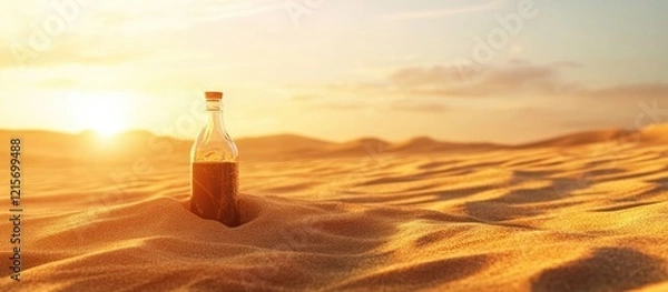 Fototapeta Bottle of soda in desert sand at sunset with warm light and soft shadows Copy Space