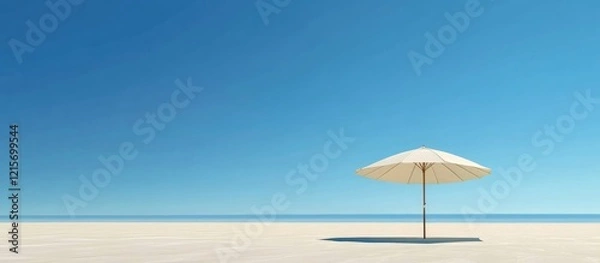 Fototapeta Lonely beach umbrella under clear blue sky and calm sea with ample copy space for text placement