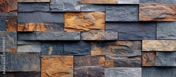 Fototapeta Multicolored slate stone wall texture with natural variations and rough surfaces suitable for backgrounds and design projects Copy Space