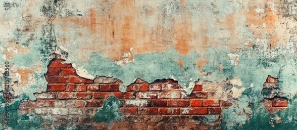 Fototapeta Old brick wall with peeling paint texture in grunge style with copy space for text placement