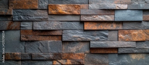 Fototapeta Textured slate stone wall background in varying shades of grey and brown with Copy Space for text placement