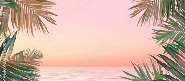 Fototapeta Tropical beach sunset with palm leaves framing the scene and soft pastel colors in the sky providing ample Copy Space for text.