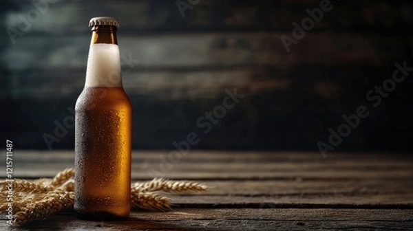 Fototapeta Chilled beer bottle with condensation on wooden surface decorated with wheat ears and dark background Copy Space