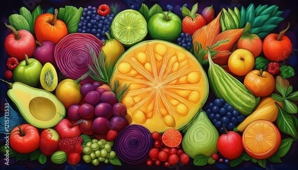 Fototapeta colorful illustration of assorted fruits and vegetables arranged in a lively pattern for a vibrant food design