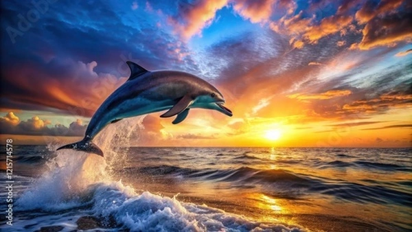 Fototapeta Captivating Long Exposure of a Cute Dolphin Jumping Out of the Sea at Sunset, Playful Marine Life in Vibrant Ocean Waves, Serene Seascape, Natureâ€™s Beauty, Stunning Wildlife Photography