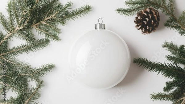 Obraz White Christmas ornament surrounded by evergreen branches and a pine cone on a light background with Copy Space.