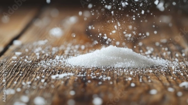 Fototapeta Finely Granulated White Sugar Pile on Rustic Wooden Surface with Selective Focus and Sprinkling Effect