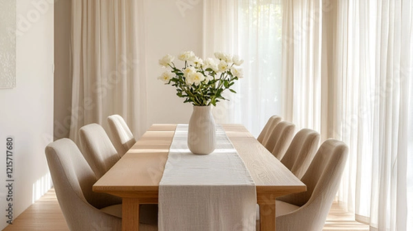 Obraz Elegant dining room with a wooden table, beige chairs, and a vase of white peonies. Sunlight streams through sheer curtains, creating a calm and bright atmosphere.