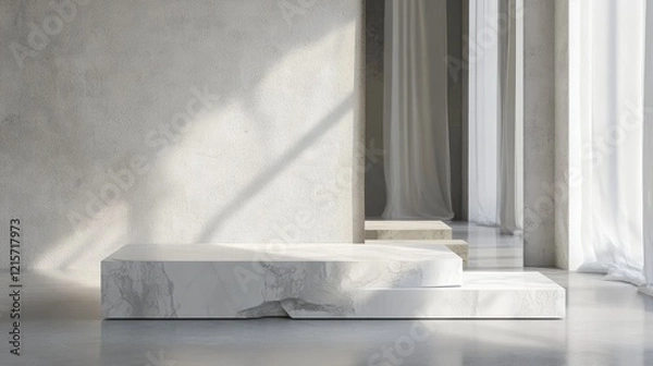 Obraz White stone podium against mirrored walls showcasing minimalist design with natural light reflections for elegant product display.