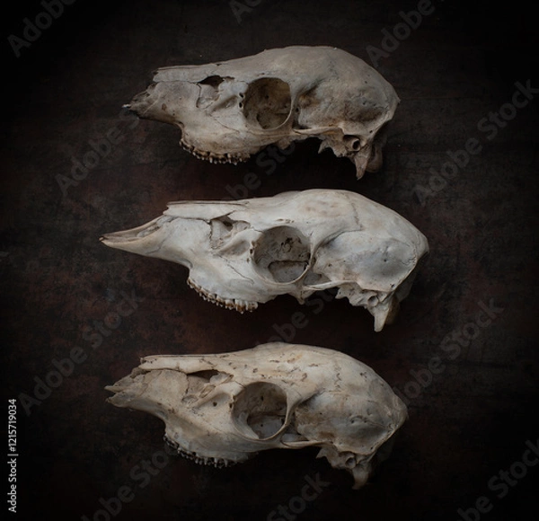 Fototapeta Three deer skulls arranged on a dark brown mottled background. Still life closeup of deer skulls positioned vertically on a warm brown background.