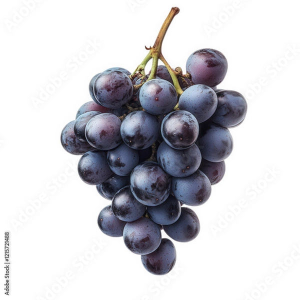 Fototapeta a cluster of dark purple grapes hangs against a white background. showcasing their smooth texture and natural sheen  fruit's round shape and vibrant color. making it visually appealing for culinary or