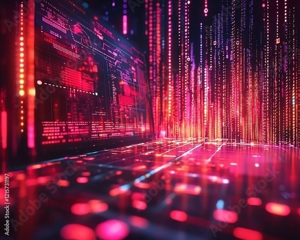 Fototapeta Futuristic laptop displaying vibrant digital data streams.