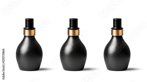 Fototapeta Blank Black Cosmetic Bottle Mockup Arrangement with Gold Accents on White Background, Front View, Ideal for Product Display and Design Layouts