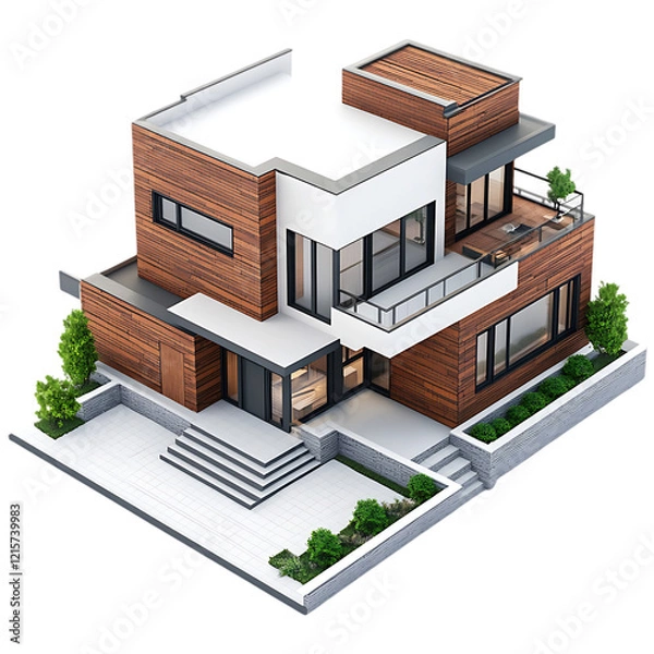 Fototapeta 3D modern house model white color with brown roof isolated on a transparent background