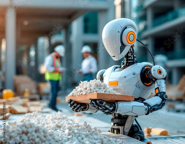 Fototapeta A construction robot lifting materials at a modern construction site.