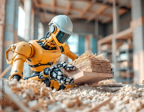Fototapeta A construction robot lifting materials at a modern construction site.