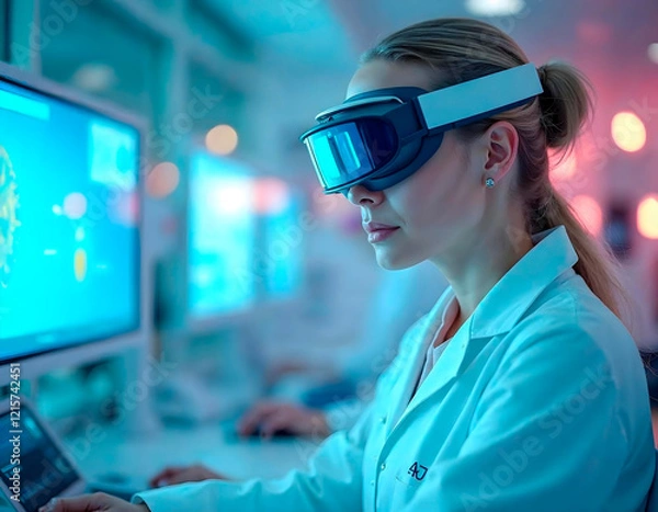Fototapeta Scientists working with a central AI hub illuminated by blue lights, in a modern and tech-driven style.