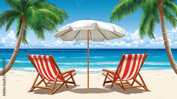 Fototapeta Two striped chairs under beach umbrella on sunny shore