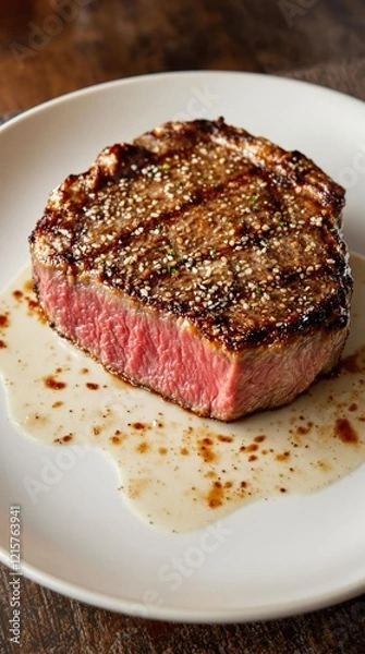 Fototapeta Close up of well-seasoned steak on a ceramic plate, ceramic, close up, delicious, dinner, steak