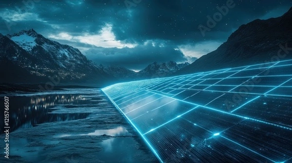 Fototapeta Nighttime solar panels glowing with bioluminescent edges, futuristic renewable energy tech concept in a surreal landscape.