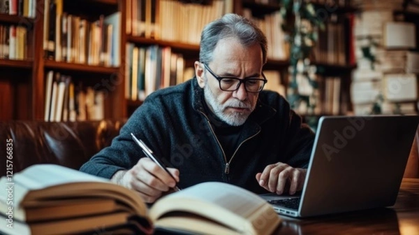 Obraz An author writing in a cozy cafÃ©, surrounded by books and a laptop, capturing the creative process, candid lifestyle photography with warm tones 