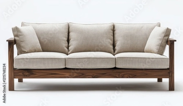 Obraz Modern walnut wood frame sofa with three light beige linen cushions.