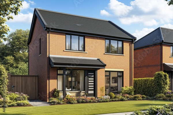 Fototapeta レンガを基調とした高品質でスタイリッシュな新築住宅　庭付き家の外観デザイン