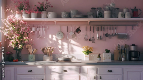 Fototapeta Decorative shelf filled with plants and small items, adding a natural and welcoming touch.