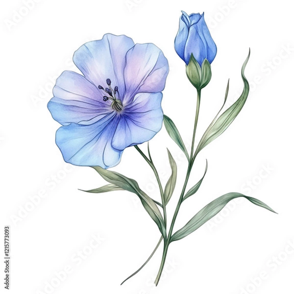 Fototapeta delicate illustration of a blue flower with soft petals and a budding flower. set against a white background the artwork showcases the beauty of nature. emphasizing floral aesthetics and botanical ill