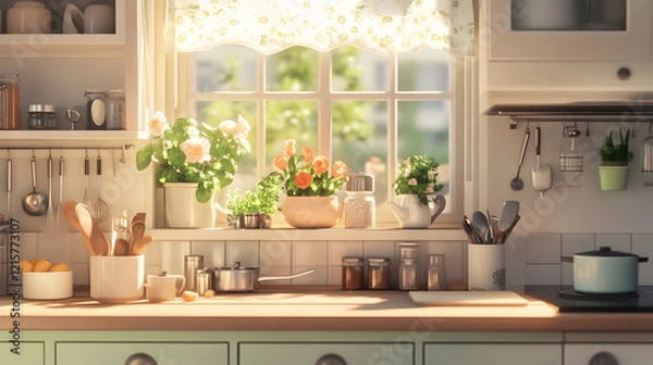 Fototapeta Bright and airy kitchen with ample natural light and vibrant floral decor, creating a fresh space.