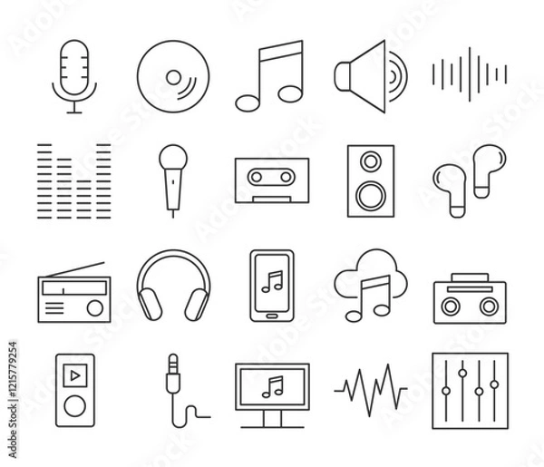 Obraz Music icons set in simple thin line. Collection of icons related to audio, including radio, mic, headphone, music cloud, equalizer, Tape Recorder, etc. Outline Icons. Editable stroke. 