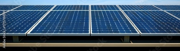 Fototapeta Rooftop solar panels generating clean energy under a clear sky.  Sustainable power solution