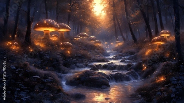 Obraz Glowing Mushrooms Forest Stream Fantasy Artwork