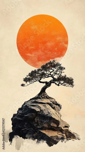 Fototapeta A bonsai tree perched on a rock is framed by a large orange sun. The Japanese-style ink painting uses dark tones and delicate lines to create a serene, contemplative scene.