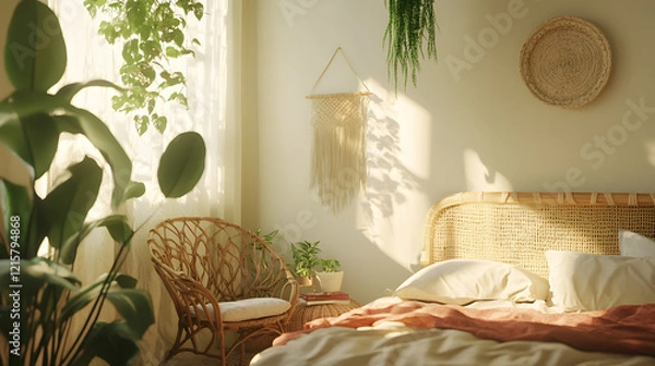 Fototapeta Peaceful bedroom with soft, warm tones, abundant plants, and soft sunlight.