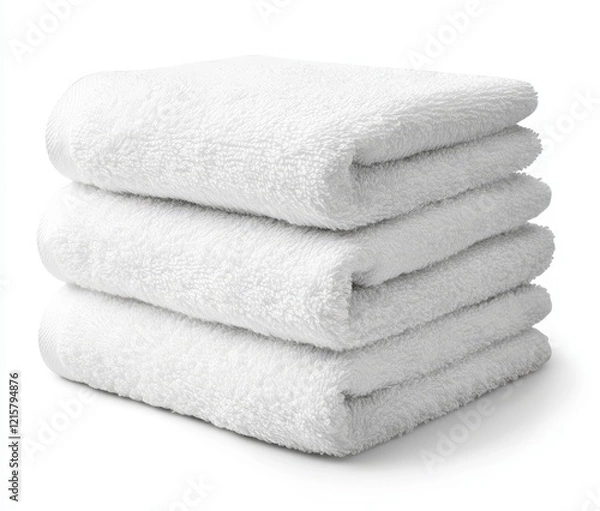 Obraz Stack of three white fluffy bath towels on white background.