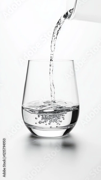 Fototapeta minimalist high-detail shot of water pouring into a centered clear glass on a white background