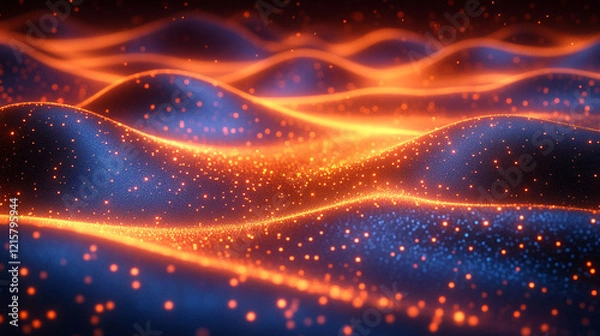 Obraz Digital background with flowing data streams over an abstract landscape glowing in orange and blue, minimalistic and bright with blurred spaces for captions

