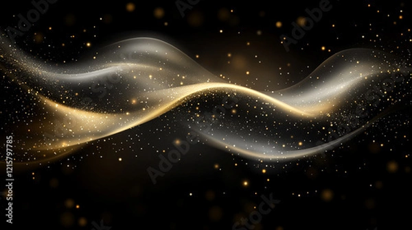 Fototapeta Digital background with flowing gold, silver, and white data waves glowing with light particles on a dark backdrop, featuring a modern minimalistic style and empty blank space for captions

