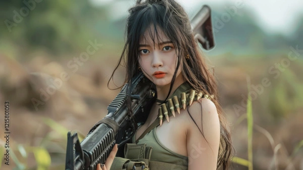 Fototapeta Determined female soldier poses with assault rifle ready for action in nature