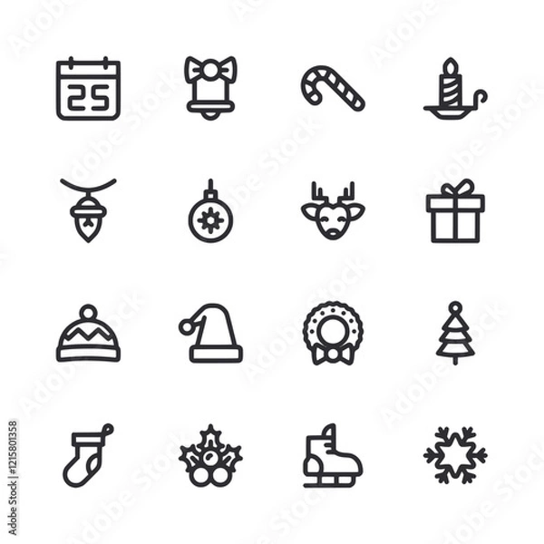 Fototapeta A set of Christmas icons including a Santa hat, a Christmas tree, a snowflake